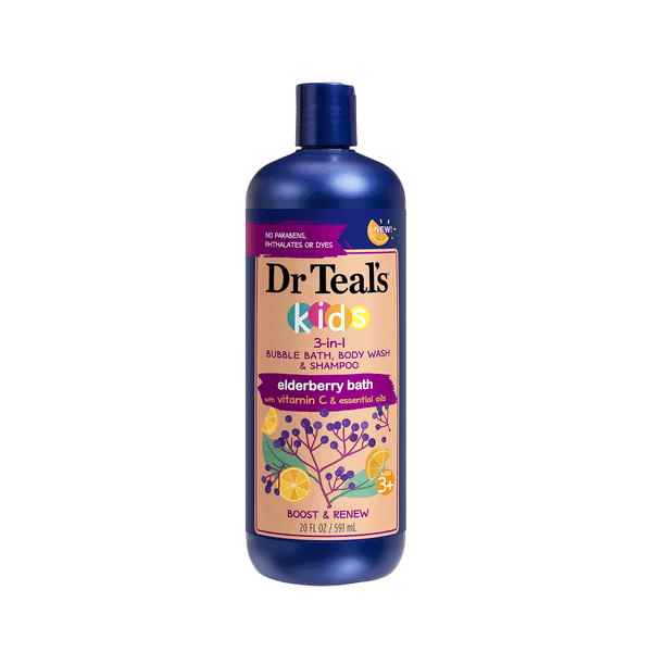 Dr Teal's Kids 3-in-1 Bubble Bath, Body Wash & Shampoo, Boost & Renew Elderberry Bath with Vitamin C