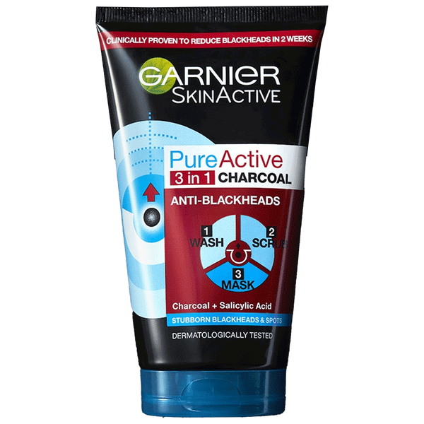 Garnier Pure Active 3in1 Blackhead Mask-Wash-Scrub 150ml Face Cleanser