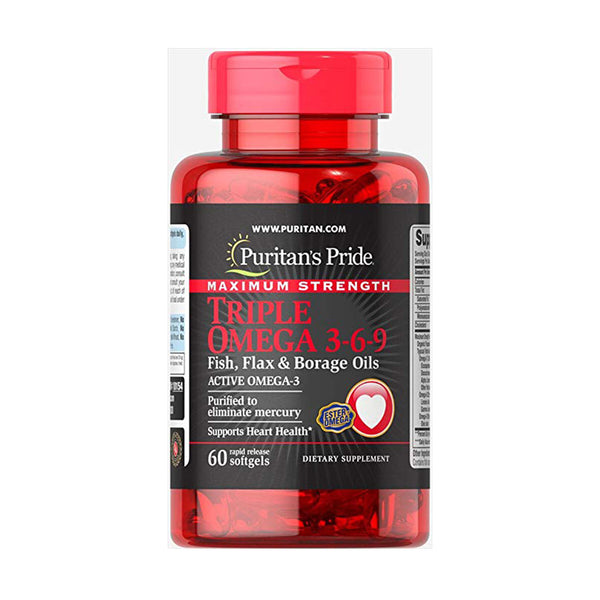Maximum Strength Triple Omega 3-6-9 Fish, Flax & Borage Oils-60 Softgels