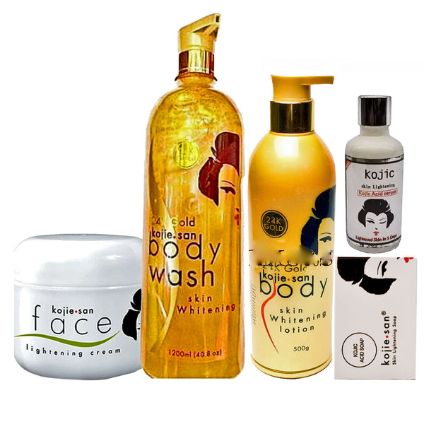 Kojie San Skin Lightening (Gold) ( Body Lotion, Serum, Body Wash, Face Cream And Soap ) 5-pc set