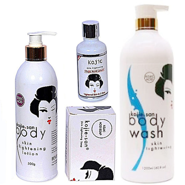 Kojie San Skin Lightening Body Lotion, Serum, Body Wash And Bar Soap 4-pc set