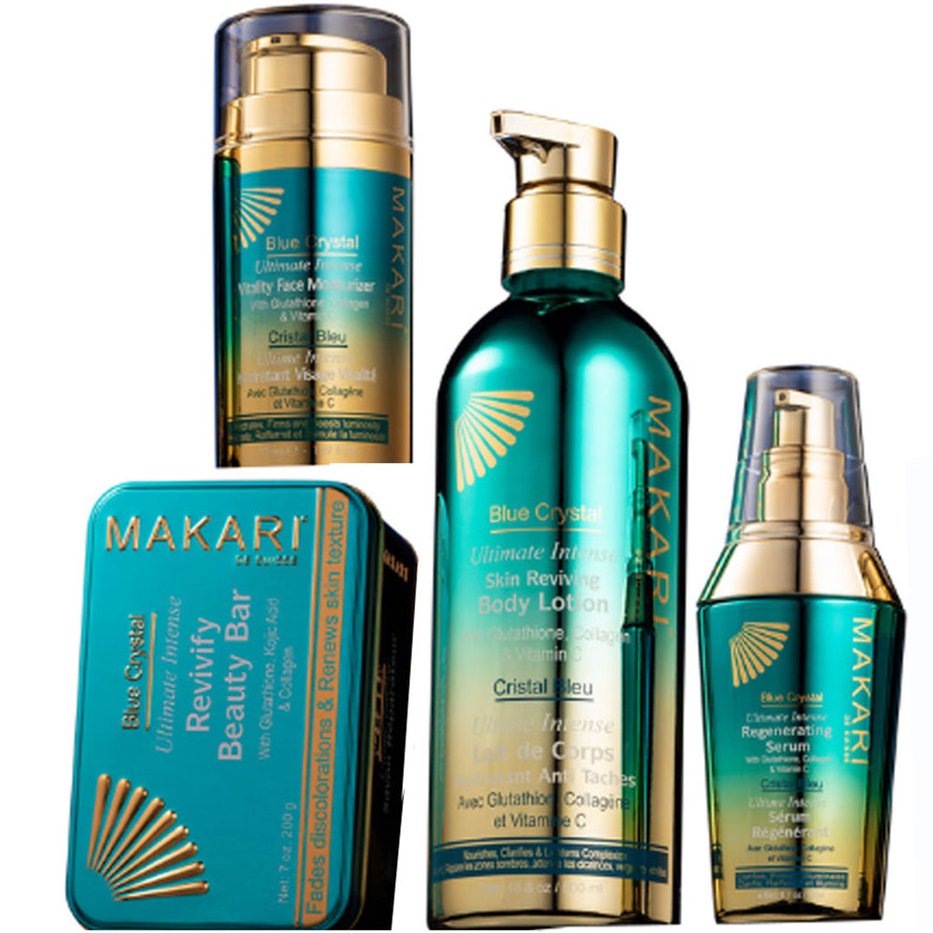 Makari Blue Crystal ( Body Lotion, Serum, Face Cream And Soap ) 4-pc Set
