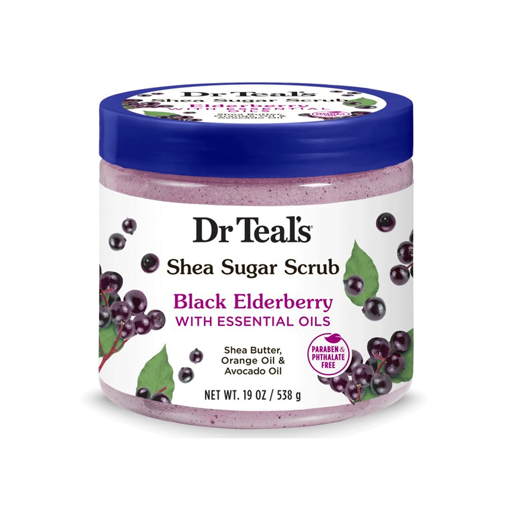 DR TEAL'S SHEA SUGAR BODY SCRUB, BLACK ELDERBERRY WITH ESSENTIAL OILS, 19 OZ