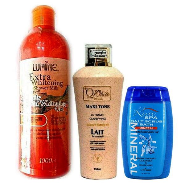 Q WHITE LOTION- LUMINE WHITENING GEL - KUU SPA SALT SCRUB 3-PC SET